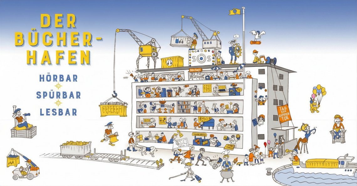 Bild zum Tag der offenen Tür: Das Bild zeigt eine bunte Illustration eines mehrstöckigen Gebäudes, das die SBS darstellt. Rundherum sind viele Menschen aktiv: Sie lesen Braille, schreiben Bücher oder musizieren mit Braille-Noten. Andere nehmen an Füh